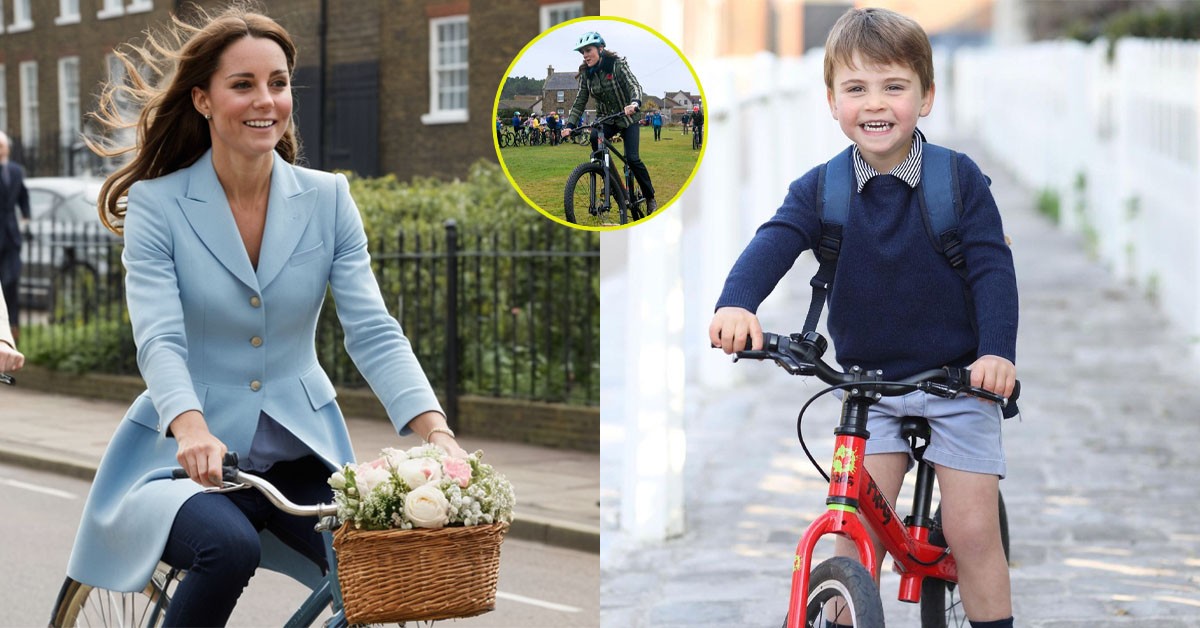Spot George and Charlotte happily cycling with Mother Catherine in Kensington
